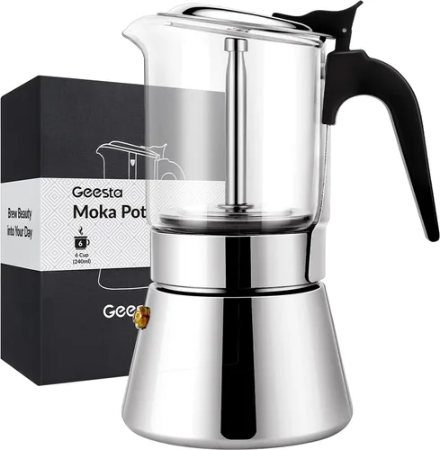 Vista 9 de Geesta Premium Olla de espresso para estufa con tapa de cristal - 4/6/9 tazas - Cafetera de acero inoxidable - 160ml/5.6oz/4 tazas