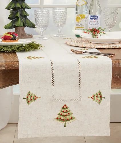 Vista 3 de SARO LIFESTYLE Nouel Collection - Camino de mesa bordado para árbol de Navidad, 16 x 72 pulgadas, natural