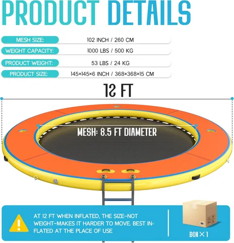 Vista 2 de SPECRAFT Hamaca inflable de agua de 12 pies, muelle flotante redondo con balsa inflable de malla, plataforma de anillo flotante con soporte