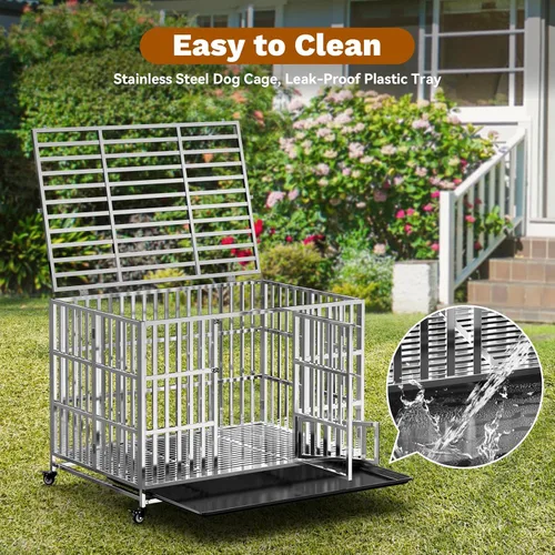 Vista 5 de Holiwei Jaula para perros resistente de 42 pulgadas, de acero inoxidable a prueba de escape, con apertura superior, 4 ruedas con bloqueo, jaula