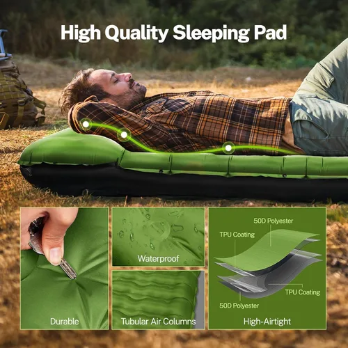Vista 22 de OGERY Colchoneta de dormir para campamento, almohadilla de dormir reforzada extra gruesa de 6 pulgadas con almohadas y bomba de pie integrada Azul