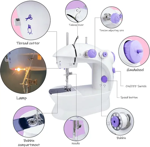 Vista 5 de Mini máquina de coser para principiantes, máquina de coser automática fácil con mesa de extensión, herramienta de coser eléctrica portátil