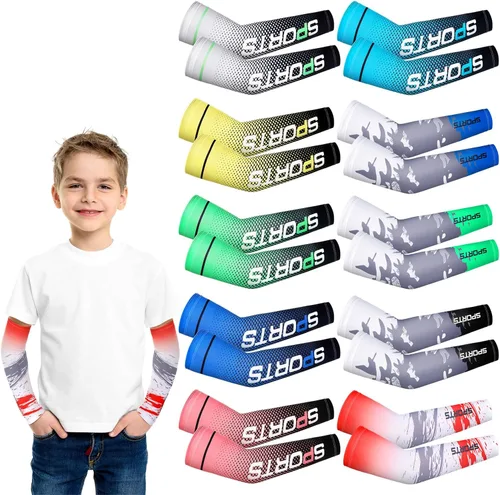 Xuhal 10 Pairs Kids Arm Sleeves for Youth Boys Girls 8-14 Years Compression UV Sun Protection Cooling Sleeves for Sports Baseball Football