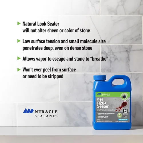 Vista 5 de Sellador penetrante avanzado Miracle Sealants 511 H2O Plus para encimeras, piedra, baldosas y lechada, galón