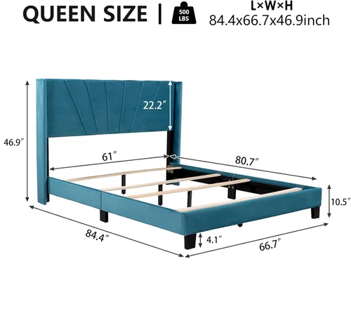 Vista 2 de Base de cama de plataforma tamaño Queen con cabecera tapizada de terciopelo y soporte de listones de madera, cama y cabecera tamaño Queen,