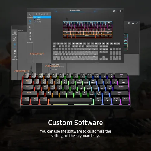Vista 8 de Newmen GM611 - Teclado mecánico con retroiluminación LED arco iris, para juegos, con cable, compacto, mini 61 teclas, portátil, 60 % teclado