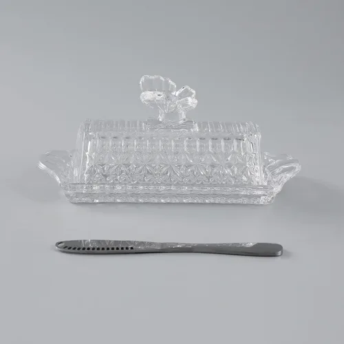 Vista 5 de HOWOK - Mantequillera de cristal con tapa y cuchillo de mantequilla de acero inoxidable, mango de mariposa, cubierta gruesa, soporte