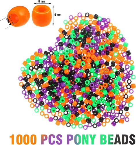 Vista 3 de 1000 cuentas de poni de Halloween, color negro, naranja, verde, morado, cuentas redondas de plástico a granel con caja de almacenamiento para hacer