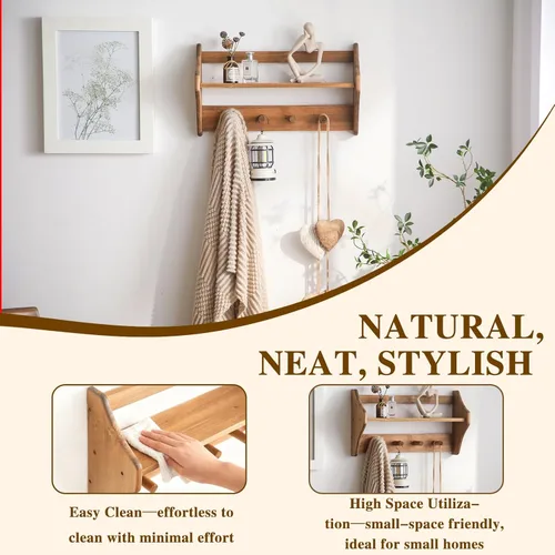 Vista 4 de Ganchos de pared de madera maciza 100% con estante, perchero rústico con estante montado en la pared, estantes de decoración de granja con 4 ganchos