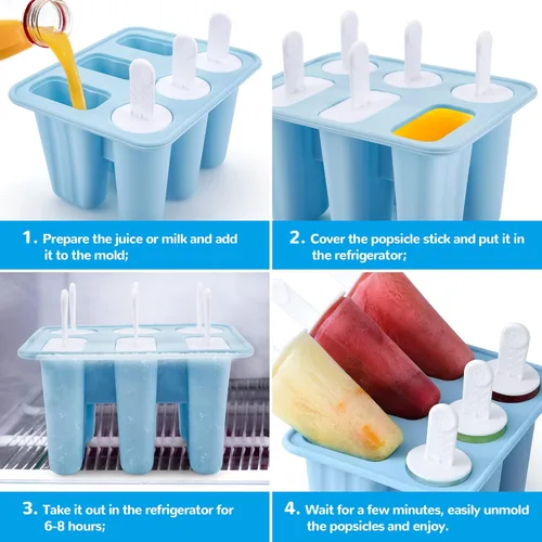Vista 5 de Moldes de silicona azul para paletas – 6 moldes de paletas de hielo, 2 formas, moldes reutilizables para paletas de hielo con palos, sin BPA, ideal