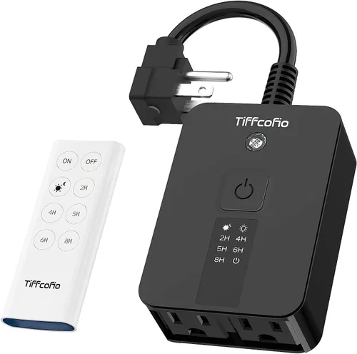 TiFFCOFiO Temporizador para exteriores impermeable, control remoto con sensor de atardecer a amanecer, 2 tomas eléctricas con conexión a tierra para