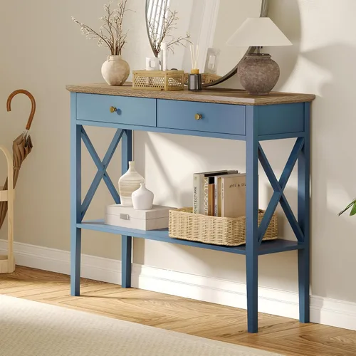 Vista 9 de ChooChoo Mesa consola de granja con cajones, mesa estrecha de madera para sofá, mesa de entrada con estante de almacenamiento para entrada, pasillo