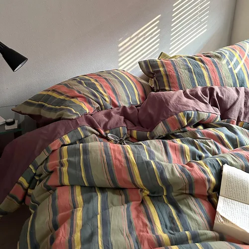 Vista 5 de mixinni Juego de funda de edredón vintage a rayas, tamaño twin, juego de ropa de cama de 3 piezas, 100% algodón lavado, suave y transpirable, funda