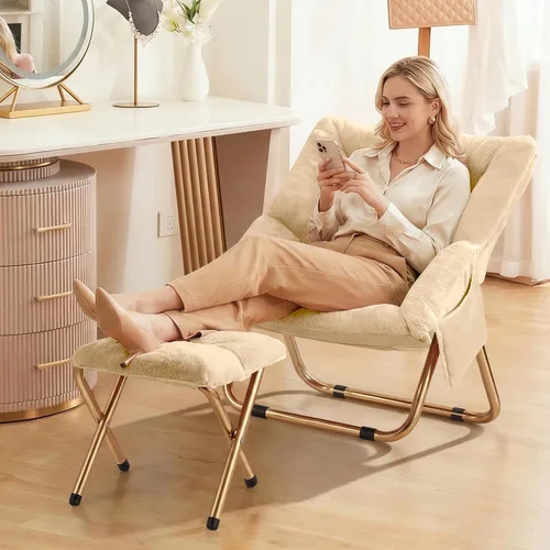 Vista 6 de Kasunpul Silla de Platillo Cómoda, Sillas Plegables para Sala de Estar, Silla de Lona de Pelo Sintético Suave para Dormitorio, Sillas de Lectura