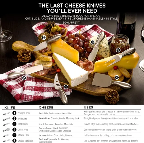 Vista 5 de Lunar - Juego de cuchillos de queso de 6 piezas, colección de cuchillos de queso de acero inoxidable de alta calidad, accesorios para tabla