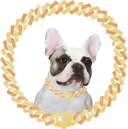 Vista 10 de Cadena de metal con diamantes para perros con hebilla segura, collares para mascotas para perros grandes y medianos
