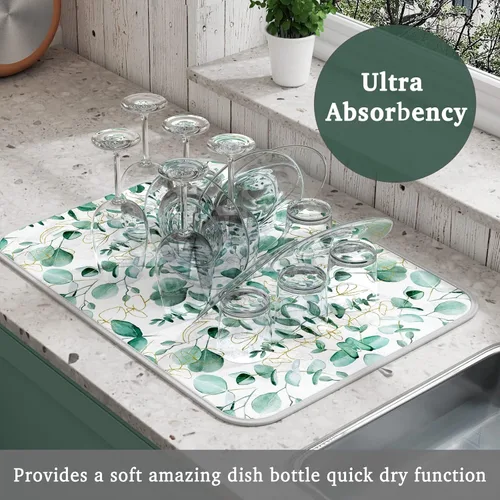 Vista 2 de Tapete grande de secado de platos para encimera de cocina, de 16 x 18 pulgadas, tapete escurridor de platos de microfibra, absorbente, accesorios