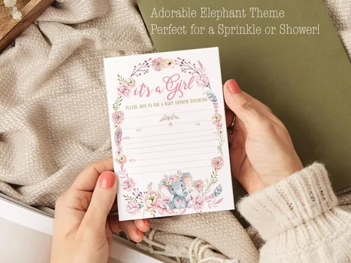 Vista 7 de Your Main Event Prints Invitaciones de baby shower de elefante para niña, tema floral rosa, invitaciones de espolvorear con texto en inglés "It's a