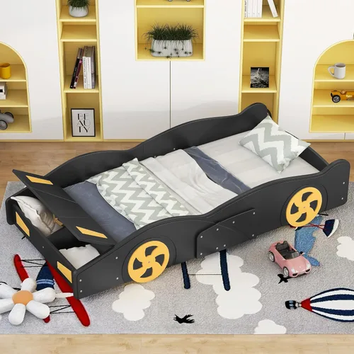 Vista 100 de Cama de plataforma en forma de auto de carreras de tamaño individual con ruedas, marco de cama de plataforma de madera con dos asientos y soporte