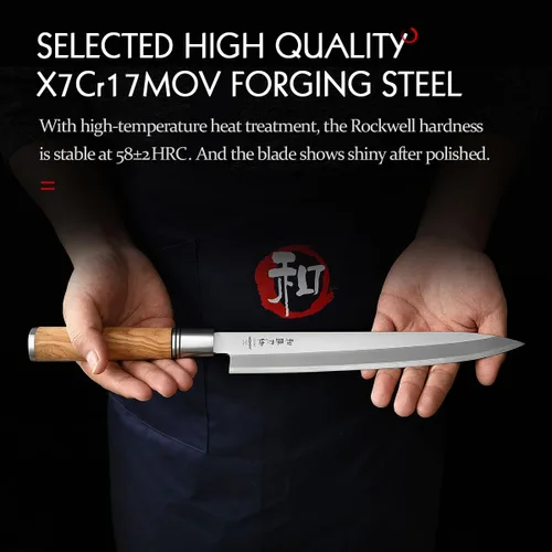 Vista 7 de HEZHEN Cuchillo Sashimi de 9.449 in,Cuchillo de sushi Yanagiba,Mango de madera de olivo con estuche de cuchillo de madera
