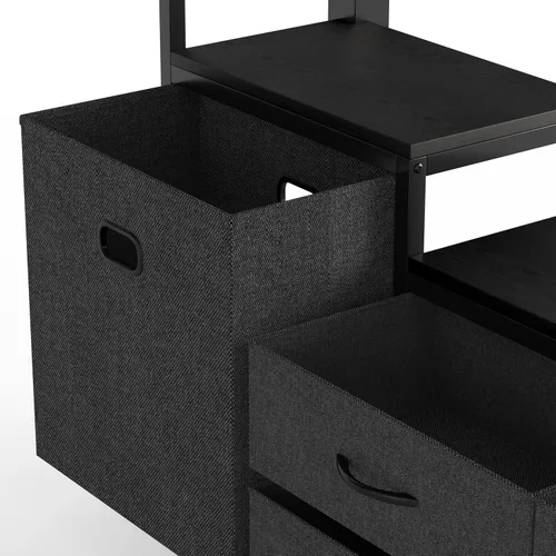 Vista 9 de Cama alta de metal tamaño Queen con escritorio, cajones de almacenamiento y poste de tendedero, marco de cama alta resistente con tablero de Negro