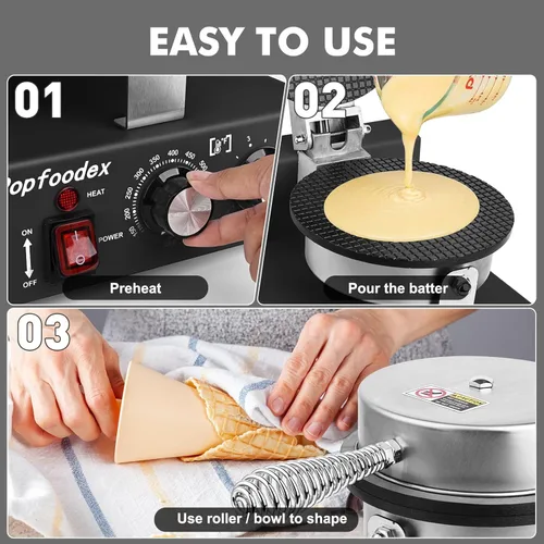 Vista 5 de Máquina comercial para hacer conos de gofres – Máquina comercial de cono de helado de 1200 W con sartén antiadherente de 8 pulgadas y temperatura