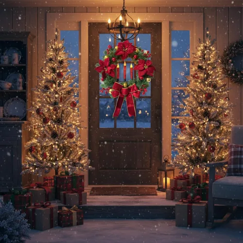 Vista 7 de Corona de Navidad de 21 pulgadas iluminada con flores de Navidad de Poinsettia para puerta delantera con velas rojas sin llama, adornos de bola