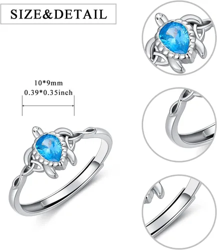 Vista 5 de Anillo ajustable de tortuga marina de plata de ley 925 con nudo celta tortuga Rin verano océano playa tortuga joyería para mujer