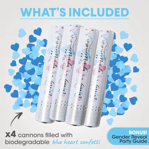 Vista 3 de PrimePure Cañón de confeti de revelación de género – Confeti biodegradable en forma de corazón – azul, paquete de 4 – Poppers de fiesta