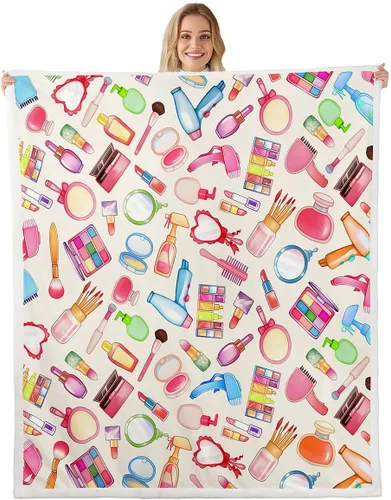Fashion Make-up Theme Bed Blanket,Watercolor Style Blankets for Couch or Bed,Colorful Romantic Fleece Blanket Soft Warm,Beige Bedding for Kids