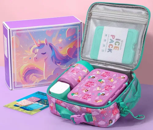 Vista 2 de Fimibuke Lonchera Bento de 32 onzas para niños con termo de 12 onzas, bolsa de almuerzo aislada y bolsa de hielo, contenedor de comida de 3