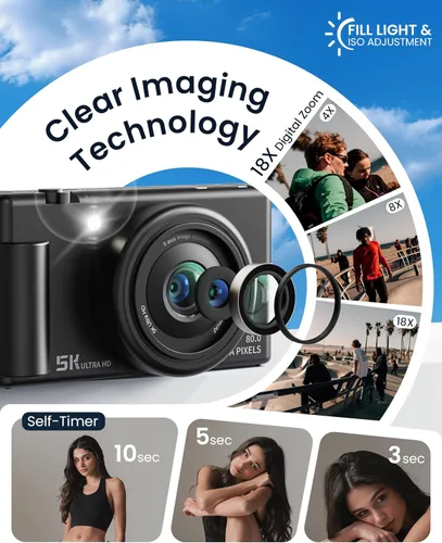 Vista 4 de Cámara digital True 5K para fotografía, enfoque automático de 80 MP con zoom digital de 18X de 3 pulgadas, pantalla abatible de 270°, cámara selfie