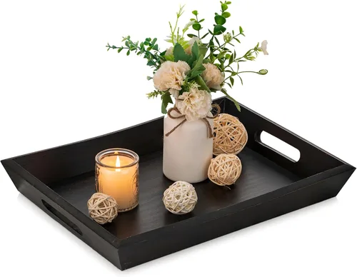 Vista 10 de Hanobe Bandeja decorativa de madera para servir: bandejas otomanas de madera rústica para mesa de café, bandeja rectangular con asas para sala
