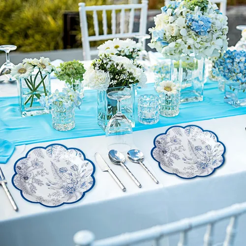 Vista 4 de 100 platos de papel florales azules, desechables, para bebé, despedida de soltera, suministros de fiesta, platos de postre florales, bandeja