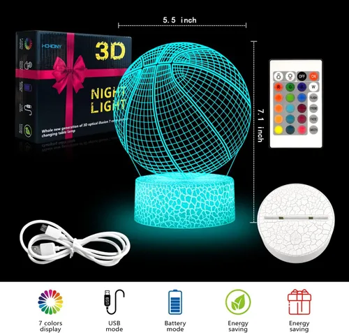 Vista 4 de Luz nocturna de baloncesto con ilusión 3D para regalo de cumpleaños, lámpara de mesa regulable de 16 colores cambiantes con control remoto y táctil