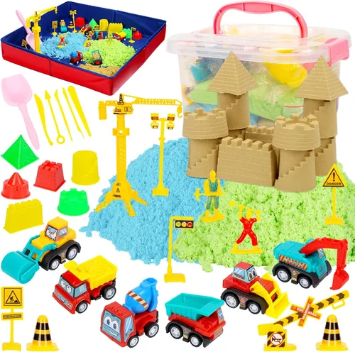 Vista 10 de ThinkMax Kit de arena para niños, arena de 3 libras, 6 mini camiones de construcción, juguetes, letreros, moldes de castillo, herramientas, caja