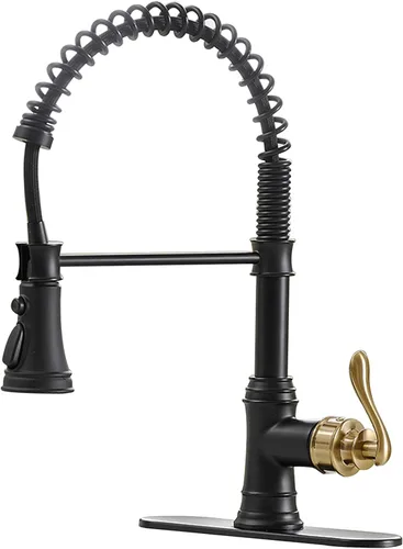 Vista 13 de BWE - Grifo de lavabo de cocina con placa de cubierta, llave de una sola palanca con rociador extraíble, resorte de 3 funciones, grifo de cocina