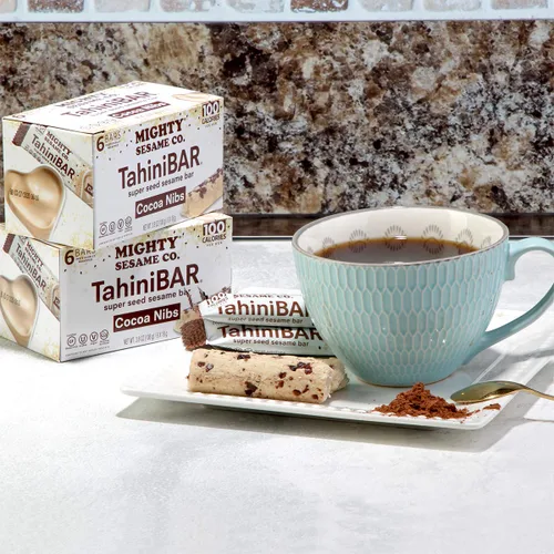 Vista 2 de Mighty Sesame TahiniBars con puntas de cacao (paquete de 2, total 12 barras) Barra de 100 calorías, sin gluten, veganas, nada artificial, Kosher