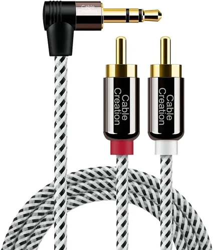 Vista 10 de CableCreation Cable de audio de 3,5 mm a RCA, ángulo de 3,5 mm macho a 2RCA macho estéreo auxiliar audio divisor en Y chapado en oro para teléfonos