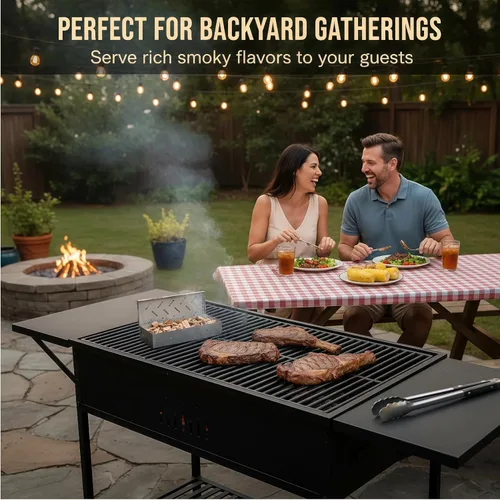 Vista 5 de Caja para ahumar para parrilla de gas, caja para virutas de madera de acero inoxidable para todas las parrillas y hornos, tapa abatible, accesorios