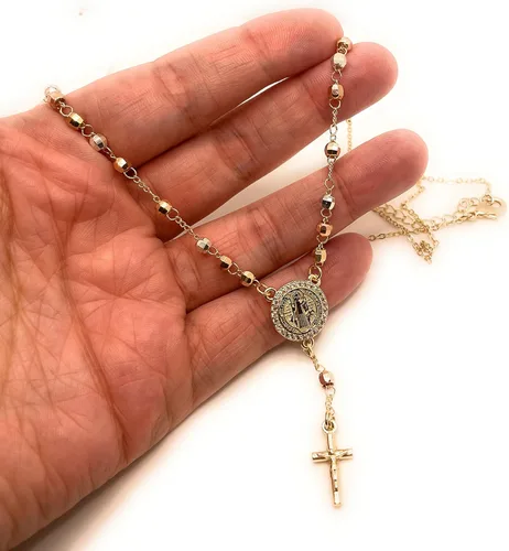 Vista 2 de Saint Benedict Necklace, Saint Benedict Medal, Saint Benedict Rosary, Saint Benedict Cross, Gold Necklace, Rosary Necklace for Women, 18k Gold