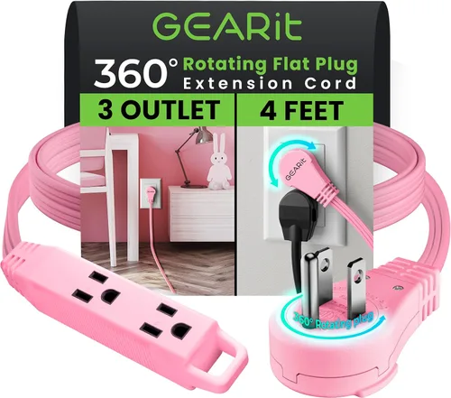 Vista 52 de GEARit Cable de extensión corto con enchufe plano giratorio de 360° y 3 tomas (2 pies, gris) 16AWG/13A Cable de 3 clavijas, Protector de toma