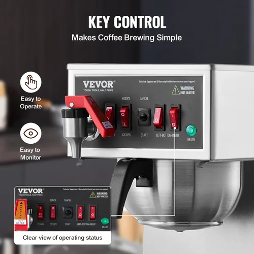 Vista 4 de VEVOR Cafetera Comercial de Goteo de 12 Tazas, Máquina de Café con 3 Jarras de Vidrio y 3 Platos Calentadores, Cafetera de Acero Inoxidable
