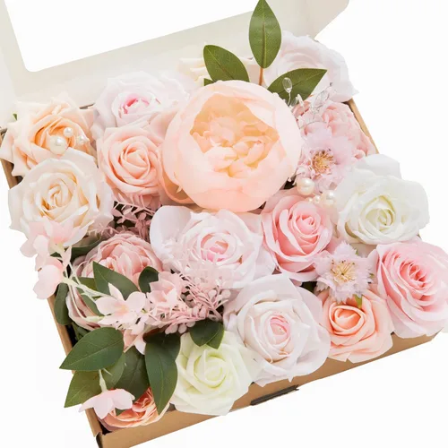 Vista 34 de Ling's moment Caja de flores falsas, tallos de vegetación artificiales artificiales, rosas de espuma, anturios, orquídea de seda, hoja de palmera