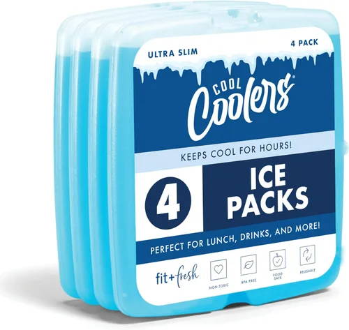 Cool Coolers de Fit & Fresh - Paquete de 4 bolsas de hielo delgadas, paquetes de hielo reutilizables de congelación rápida que ahorran espacio para