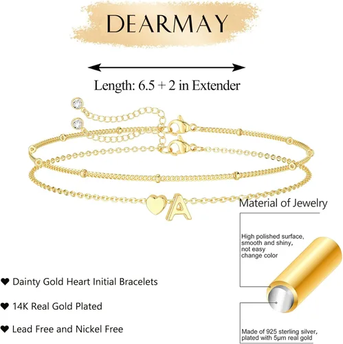 Vista 3 de DEARMAY Delicadas pulseras de oro con inicial de corazón para mujer, a la moda, de oro real de 14 quilates, pulsera con dije de letra, joyería linda