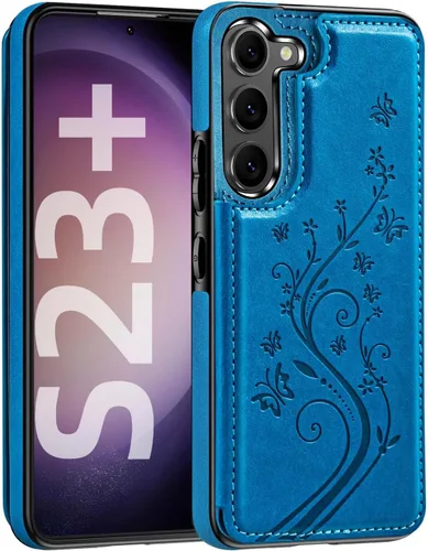 Vista 23 de Korecase Funda de teléfono tipo cartera para Samsung Galaxy S23 con tarjetero, funda de cuero PU floral mariposa - Azul
