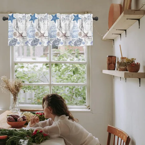 Vista 6 de Cortinas de cenefa costera para dormitorio, sala de estar, estrellas de mar náuticas, algas azules, persianas romanas para ventanas, cortinas