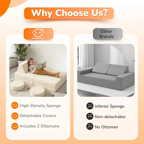 Vista 3 de MeMoreCool Sofá para Niños para Sala de Juegos, Sofá Convertible de Corduroy para Niños Pequeños, Sofá Modular de 8 Piezas para Juegos, Juego