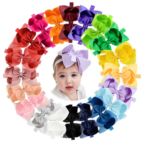 jollybows 20pcs Baby Girls Grosgrain Ribbon Hair Bows Headbands 6" Elastic Hair Band Hair Accessories for Infants Newborn (Multicoloured 6“ Bows